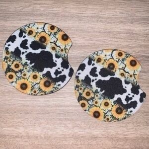 Sunflower and cow print car coasters set (2 pack)